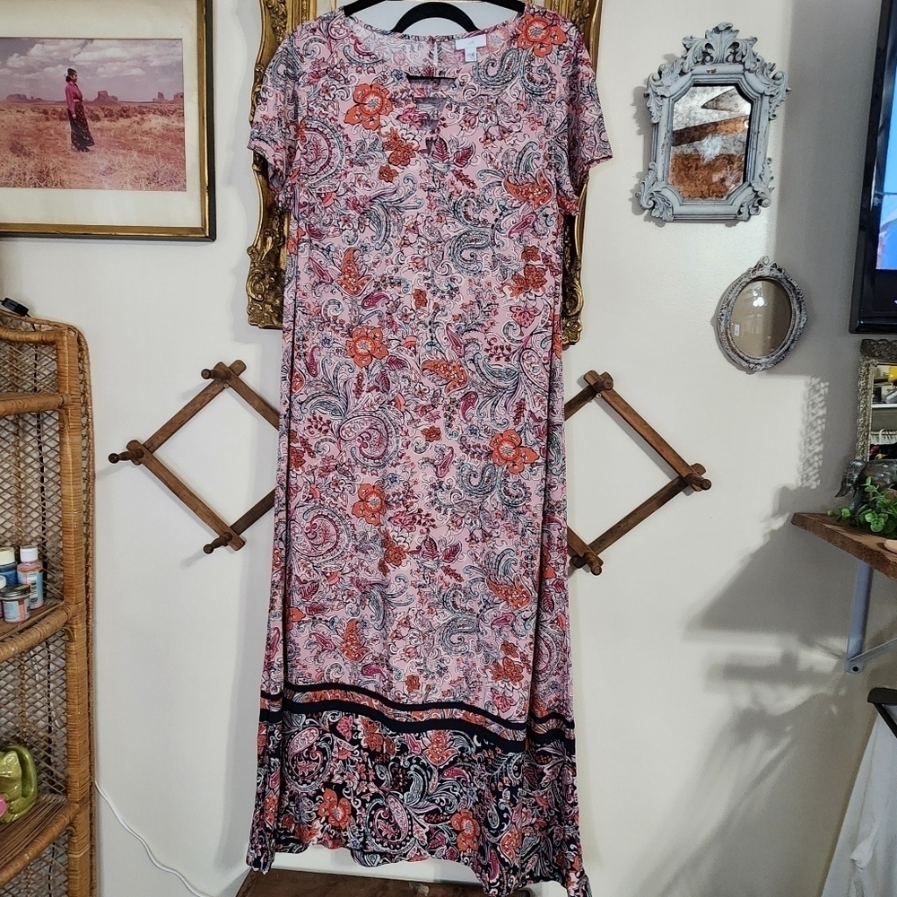 J Jill Boho Dress Full Length Maxi Short Sleeve Floral Rayon Paisley Size Med. - Picture 2 of 15